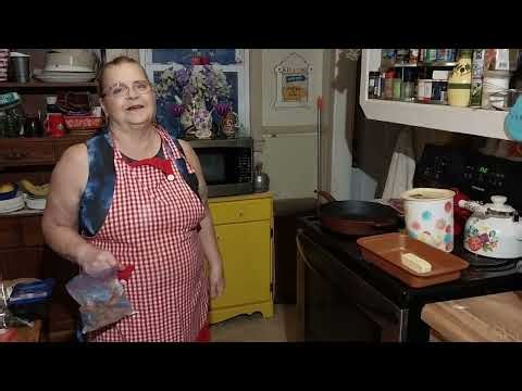 Appalachian cooking with Brenda' Valentine meal: steak, shrimp, poor folks peach cobbler