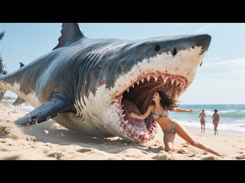 Mega-shark lurks in shallow water—beauty about to be devoured escapes the jaws