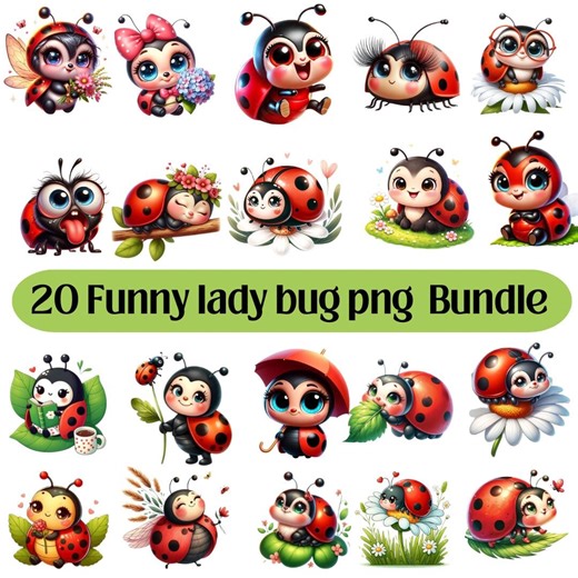Funny Ladybug Clipart PNG Bundle, Cartoon Insect (digital Download - Etsy