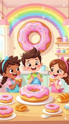 Cute cartoon kids bake magical talking pastries in a rainbow bakery, solving the my