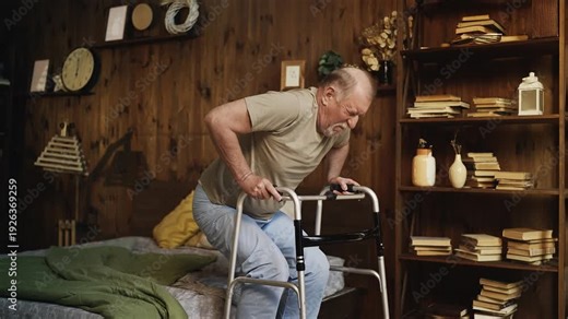 Lonely sad senior man with disability using walking frame at home