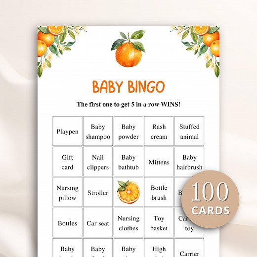 100 Printable Little Cutie Baby Shower Bingo Cards, Prefilled Baby Shower Gift Bingo Cards, Orange Baby Shower Games, DOWNLOAD - Etsy