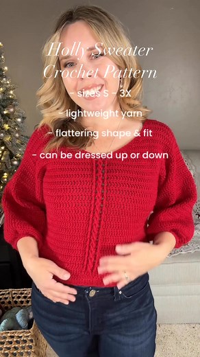 26K views · 279 reactions | Meet the Holly Sweater A lightweight crochet sweater with a flattering V-neck, 3/4 balloon sleeves, and a simple front cable. Dress it up or down — from cozy Christmas mornings to spring days out!  Free pattern on the blog! https://www.hookedonhomemadehappiness.com/holly-sweater-crochet-pattern/ #CrochetSweater #CrochetFashion #DKYarn #CrochetForAllSeasons | Hooked On Homemade Happiness | Facebook