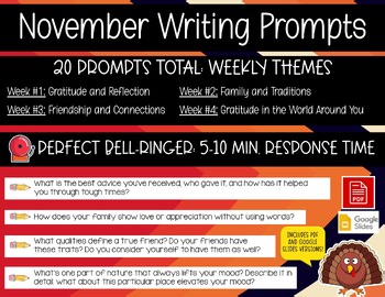 November Themed Writing Prompt Bundle-20 Prompts for Middle Schoolers