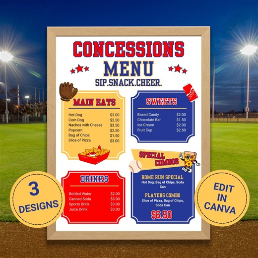 Concession Stand Menu, Editable Canva Template, Customizable Table Sign, Printable Price List - Etsy