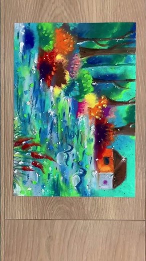 Colorful riverscape abstract painting in oil pastel & peaceful art demonstration