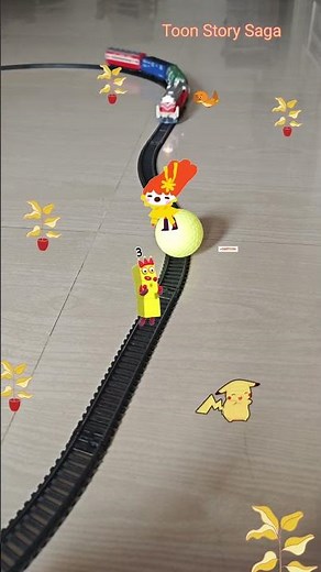 Pikachu and his friends are playing near the railway track and the train is approaching fast