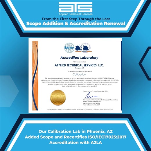 ATS is excited to share that our Phoenix, AZ calibration lab has acquired an additional scope and renewed its ISO/IEC 17025:2017 accreditations after a comprehensive audit with A2LA. This #ATS location added DC Current measurement up to 1,000 A for calibrating precision shunts to better serve our clients with accuracy and precision: https://bit.ly/ats-phoenix-cert #Calibration #A2LA #ISOCertification #QualityAssurance | Applied Technical Services