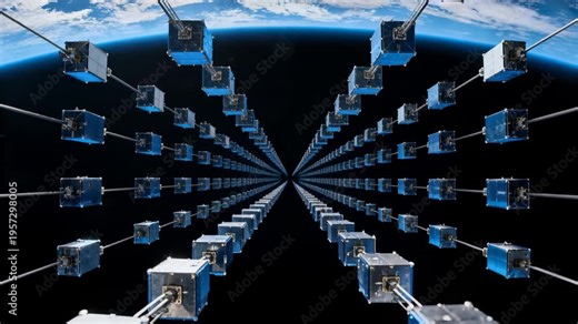 Starting vehicle cam moving surveying CubeSat array on booms advancing centerward above Earth limb