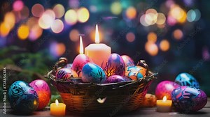 easter day background, basket of colorful colors and candles are perfect for easter day background