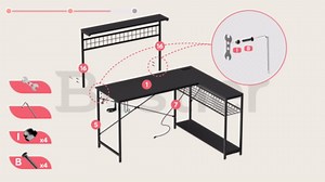 Bestier 42 L Gaming Desk,Computer Desk with Power Outlets, LED Lights, Reversible Corner Desk with 4-Tier Shelves,Cup Holder & Hook Carbon Fiber Pink