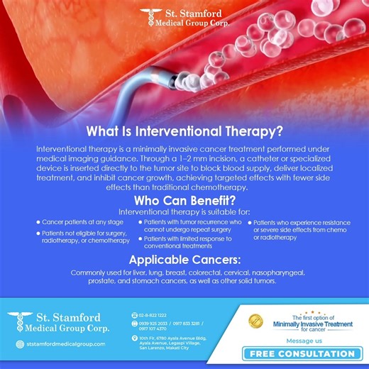 Interventional therapy is a minimally invasive option designed for cancer patients at various stages, especially those not suitable for surgery, chemotherapy, or radiotherapy. By targeting tumors directly while minimizing side effects, this therapy offers hope and improved quality of life for patients with liver, lung, breast, colorectal, and other cancers. ----- Contact us for more details and reservations: 𝗔𝗱𝗱𝗿𝗲𝘀𝘀: 10th Flr, 6780 Ayala Avenue Bldg, Ayala Avenue, Legaspi Village, San Lor