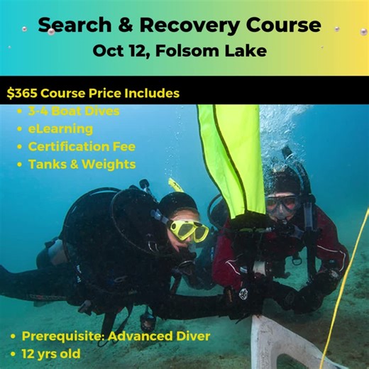 PADI Search & Recovery Course, Ot 12, at Folsom Lake Learn search patterns, how to use a lift bag and how to recover heavy sunken objects. Sign up online now: https://fisheyescuba.com/courses/search-and-recovery-diver #padi #fisheyescuba #SearchandRecovery