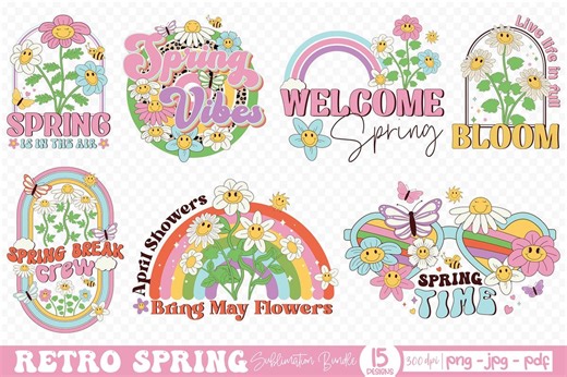 Retro Spring PNG Bundle: Hand Lettered Quotes, Groovy Spring Floral Sublimation Designs - Etsy