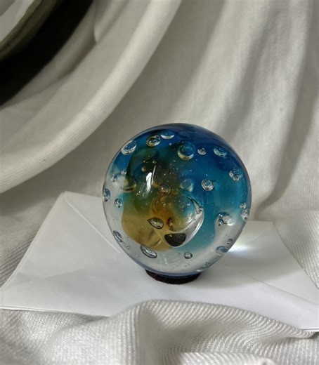 Hand-blown Art Glass Paperweight With Blue & Amber Swirls and Controlled Bubbles - Etsy