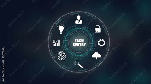 Tech Sentry advanced digital monitoring system, futuristic corporate cyber security interface, smart data protection and network safety solutions, professional technology for constant business vigilan