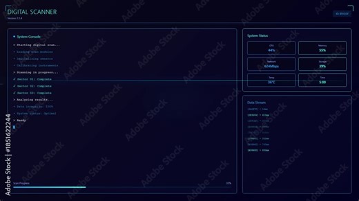 Futuristic Digital Scanner Interface with AI System Dashboard and Real-Time Data Analysis.