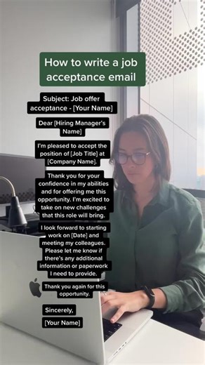 You received a job offer: congrats 🎉 Save this job acceptance email template for your next step. More information here: resumegeniusDOTcom/blog/career-advice/job-acceptance-letter #jobsearchtips #joboffer #careeradvice #jobsearch