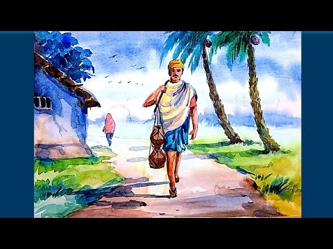 winter scenery drawing step by step with watercolour/Winter season scenery drawing