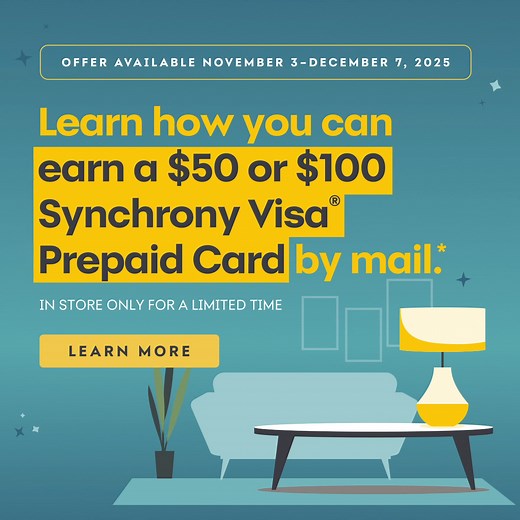 Want a $100 Synchrony Prepaid Visa® card? Get your home holiday-ready AND earn up to a $100 Synchrony Visa® Prepaid card by mail when you open a Synchrony HOME™ Credit Card and make a same-day qualifying purchase at KEY Home Furnishings. Offer valid November 3-December 7, 2025. See rebate form for details. View rebate form: bit.ly/Synchrony_Rebate | KEY Home Furnishings | Facebook