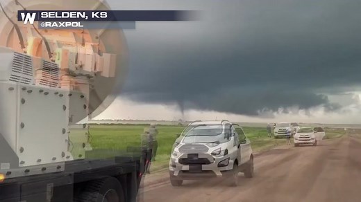 Check out this awesome shot from @raxpol and their mobile radar unit! They were able to spot the #Selden #tornado yesterday in #Kansas while collecting important data as the storm roared past. #KSwx | WeatherNation