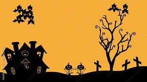 Halloween night on orange background with the silhouette of house, pumpkin, bat, tree and gravestone, flying pumpkin bat, loop animation.