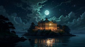 Download A grand mansion illuminated by moonlight stands near a calm sea for free