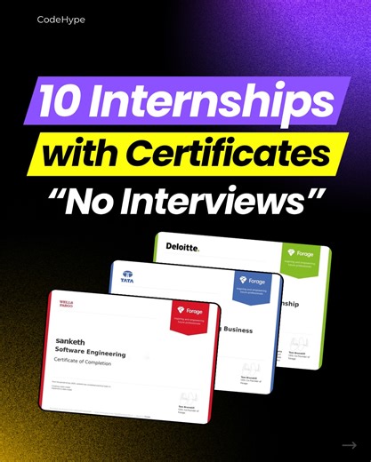 CodeHype | AI, Coding & Career Growth on Instagram: "10 Internships With Certificates, No Interviews These include: 📌 Software Engineering Internship Program by JP Morgan & Chase 📌 Gen AI Internship by BCG X 📌 Data Analytics Internship by Deloitte 📌 Cybersecurity Operations Internship by DATACOM 📌 Data Visualization Internship by TATA 📌 Software Engineering Internship by Quantium 📌 Project Manager Internship by SIEMENS 📌 Software Development Internship by DATACOM 📌 Data Analytics Intern