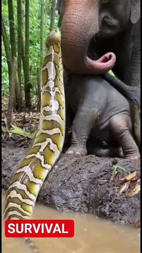“Baby Elephant danger me! Python attack ke beech Maa ne jo kiya, wo unbelievable hai 🔥🐍”#shorts