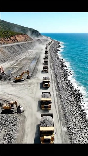 Massive Dump truck Convey Building a coastal Road.