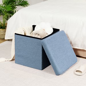 PINPLUS 15.7" Folding Storage Ottoman Cube,Foot Rest Stool Seat for Living Room,Blue,Sherpa Fabric
