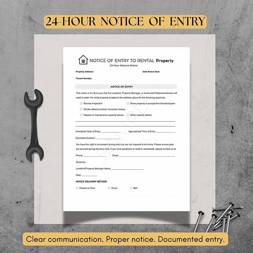 24-hour Notice of Entry to Rental Property | Landlord Unit Management Template | Property Access Form | Fillable PDF - Etsy