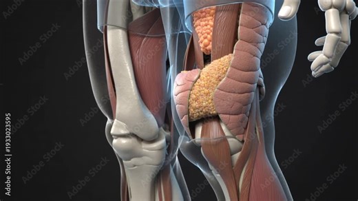 Detailed view of the human knee anatomy with muscles and tendons visible in a 3D medical illustration