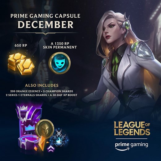 2.1K views · 39 reactions | It's insane how many free drops we are giving away in League of Legends for FREE with #PrimeGaming!  The latest capsule includes: 650 RP Unowned 1350 RP Skin Permanent 200 Orange Essence Champion Shards Series 1 Eternals Shards 30-Day XP Boost https://amzn.to/3E8TAGT | Prime Gaming | Facebook