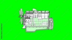 Diesel V8 engine for a big car. The model rotates around the central axis. Cyclic animation on a green background.