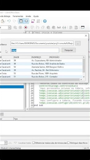 Macros LibreOffice: Pesquisa Sql e retorno em Tabela no Diálogo #excel #macros #programação #libre