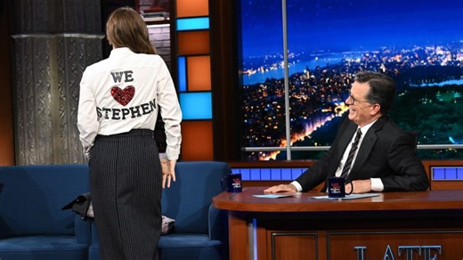 Drew Barrymore dances on the Late Show desk one last time for Stephen Colbert