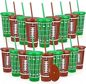 Kochorie 18 Pcs 24 oz Football Party Cups with Lids and Straws Reusable Plastic Tumbler Travel Mug Cups for Kids Coach Men Women Football Favors Tailgate Party Sports Game Time Supplies Decorations