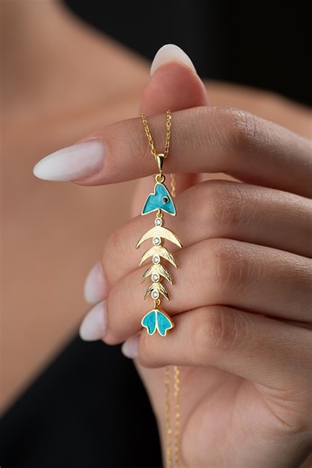 Blue Enamel Fish Bone Necklace Ocean Jewelry Fisher Gift Summer Beach Lover Pendant - Etsy