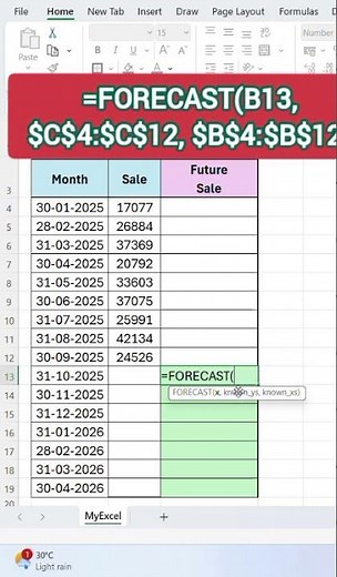 Forecast Future Data in Excel 🔮 |Easy Formula Trick | Excel FORECAST Function Explained in 60 Second