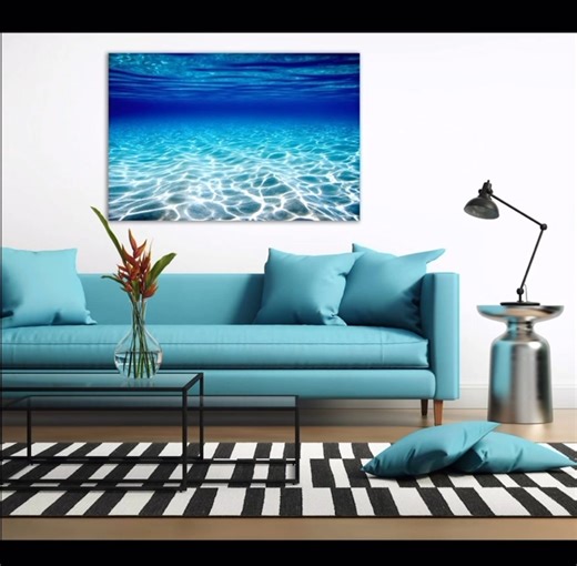 Blue Water has been a popular canvas amongst my collectors. There's something about this piece that transforms a room with its breathtaking view of the underwater world. It's shown here in the 3rd panel as a 24 x 36-inch canvas, but it becomes even more immersive if printed at larger sizes like 30 x 48 inches or 38 x 60 inches. I print these myself using Epson's exhibition canvas gloss. I turn around most orders within 48 hours. That's right, not 3 weeks, just a couple of days. Email me at info@