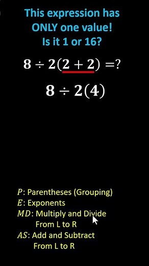 The Expression 8/2(2+2) Has ONLY One Value. Is it 1 or 16? #maths #education