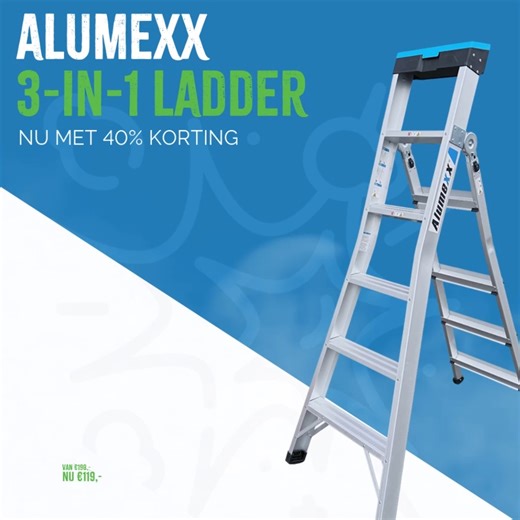 🔧 Één ladder, drie mogelijkheden! De Alumexx 3-in-1 multifunctionele ladder is dé must-have voor elke klusser. Gebruik 'm als rechte ladder, dubbele tarp of handige werksteiger. Wat je ook moet doen, deze kan alles! 😎 En ja hoor... hij is nu ook nog eens in de actie! 🎉 Check de deal hier: bit.ly/4oddd71. | Alumexx