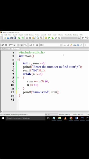 Program to find sum of digits in given number in c programming #shorts #coding #cprogramming