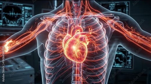 Human chest anatomy shows heart and vessels in medical visualization. Concept of cardiology and healthcare.