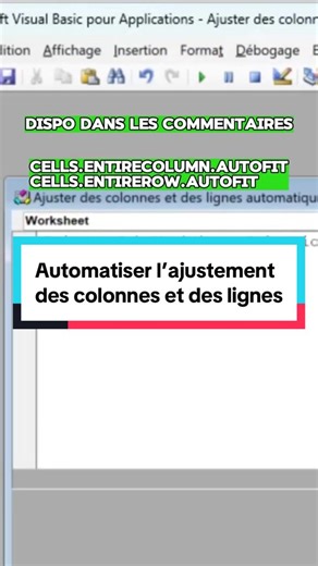 📏 Tu veux que tes colonnes et lignes s’ajustent automatiquement dans Excel ? 💡 Mes Tutos Excel te montrent comment le faire définitivement avec du VBA 🔥 🧩 Principe Grâce à deux commandes simples, Excel adapte automatiquement : ➡️ la largeur des colonnes ➡️ la hauteur des lignes dès qu’il y a une modification 😍 🛠️ Étapes : ➡️ Clic droit sur l’onglet de la feuille ➡️ Visualiser le code ➡️ Dans la fenêtre VBA, sélectionne Worksheet ➡️ Entre Private Sub et End Sub, ajoute : Cells.EntireColumn.