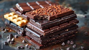 Stacks of different types of chocolate bars on dark background. Including milk chocolate, dark chocolate, and white chocolate with almond, hazelnut and chocolate chips. Slow motion