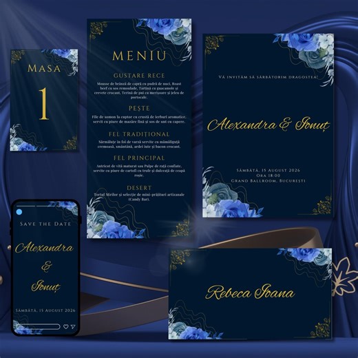 Navy Blue and Gold Wedding Stationery Set, Floral Wedding Suite Template, Invitation, Menu, Place Cards, Instant Download - Etsy