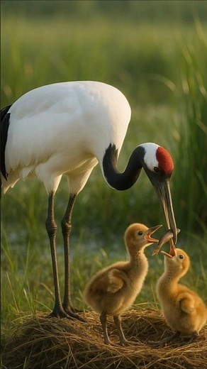 Red-Crowned Crane Feeding Her Chicks ❤️ Ultra Realistic Wildlife Moment