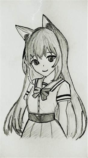 Anime Cat Girl Pencil Sketch | Nekomimi School Girl Drawing ✏️🐱 #drawing #animeart